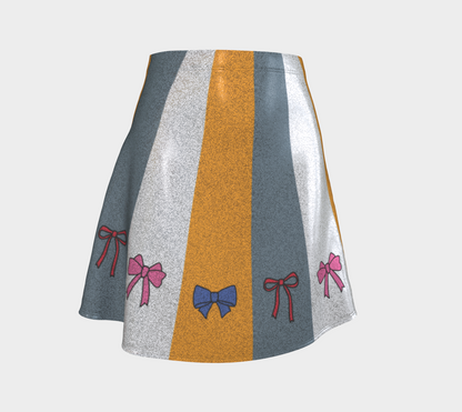 Skirt with striped pattern and bow designs on a light gray background with colored bows across the bottom